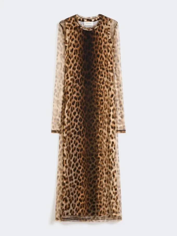 Getailleerde jurk van tule-jersey, beige met kleurverloop Getailleerde jurk van tule-jersey, beige met kleurverloop