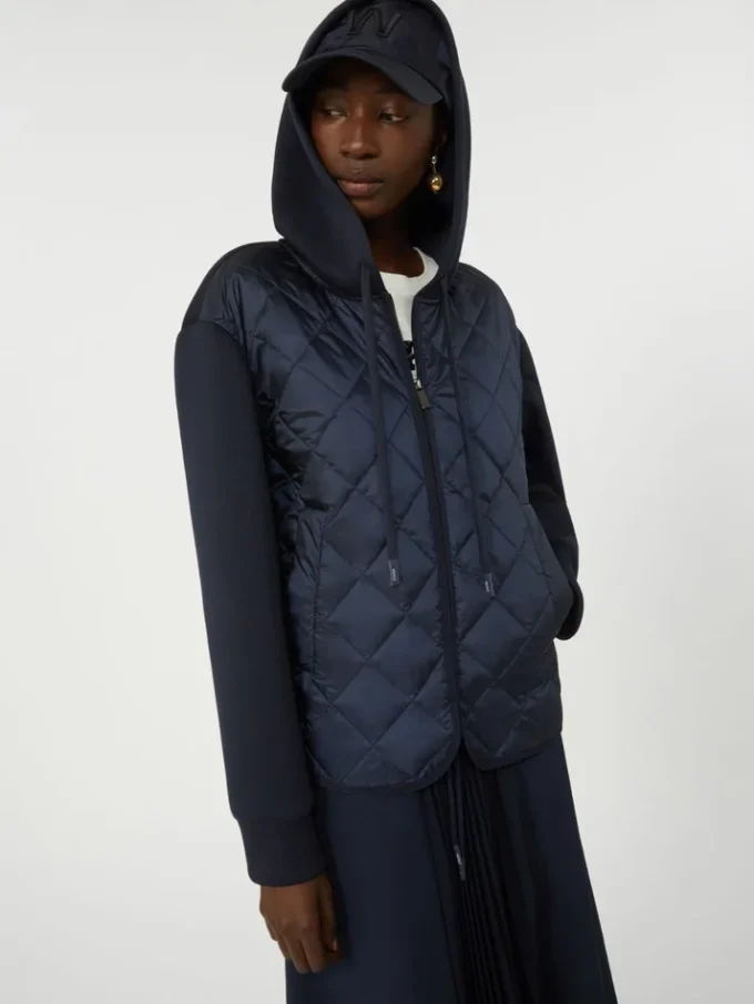Gewatteerd jack met capuchon van waterafstotend canvas en jersey, marineblauw