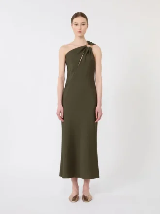 Glanzende satijnen one-shoulder jurk, mosgroen