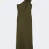 Glanzende satijnen one-shoulder jurk, mosgroen Glanzende satijnen one-shoulder jurk, mosgroen