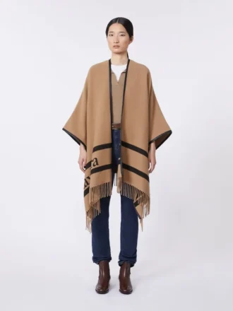 Jacquard wollen poncho, camel