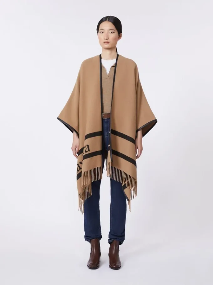 Jacquard wollen poncho, camel