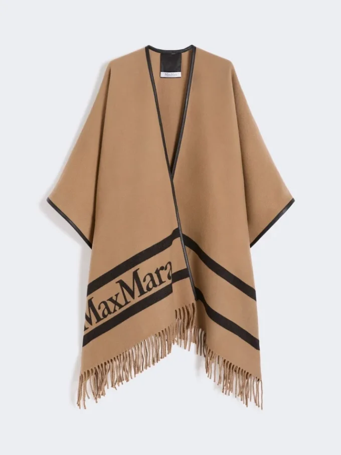Jacquard wollen poncho, camel
