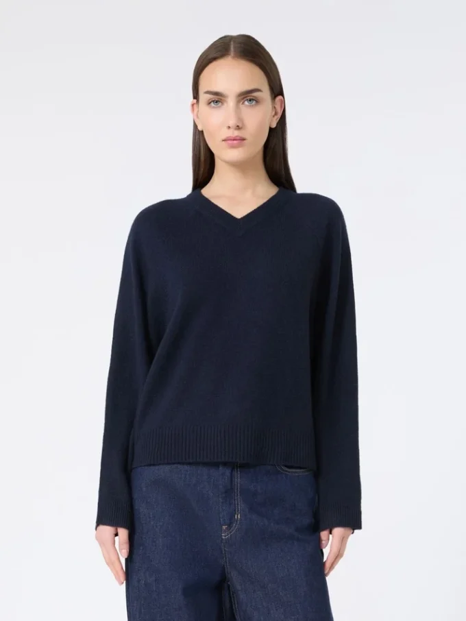 Kasjmier trui met V-hals, marineblauw