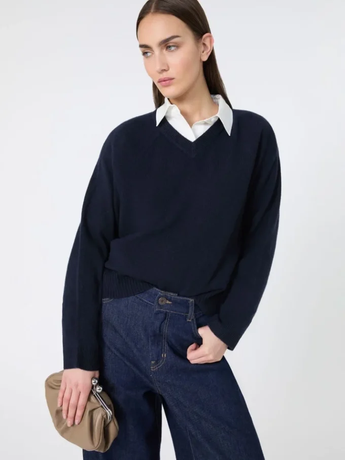 Kasjmier trui met V-hals, marineblauw