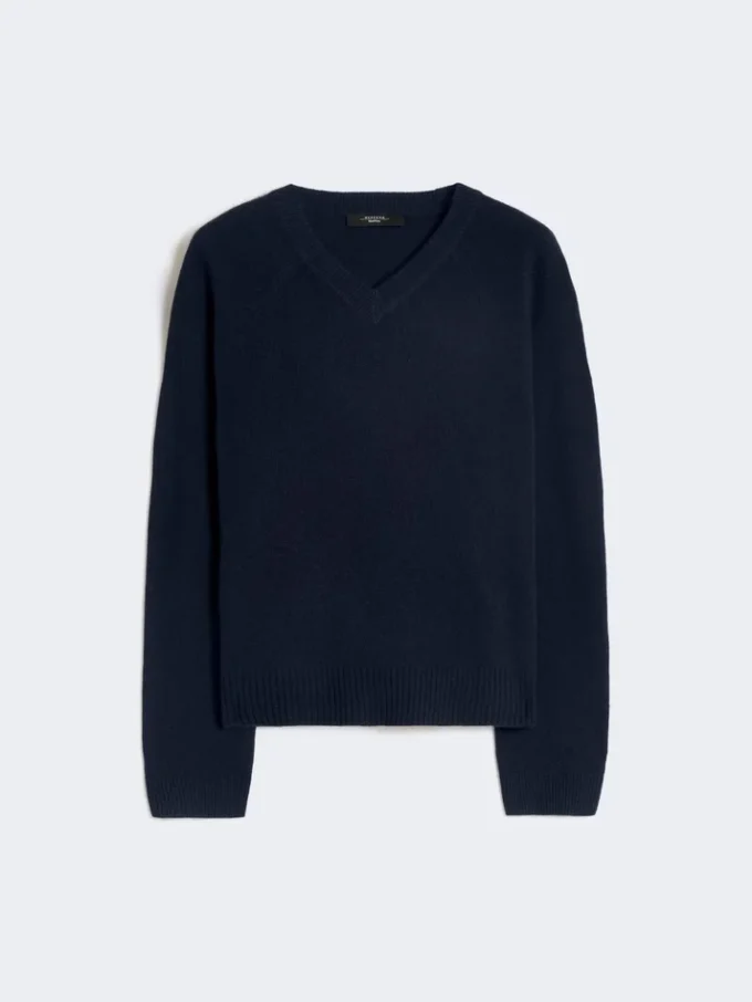 Kasjmier trui met V-hals, marineblauw