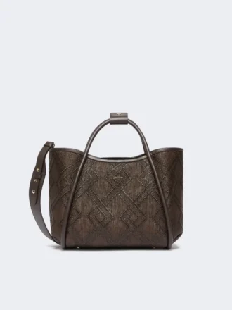 Kleine marine tas in mandvlechtwerk met ruitpatroon, donkerbruin