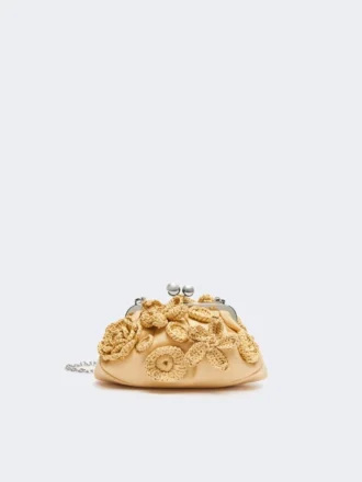 Kleine pasticcino-tas met raffia-effect en bloemen, beige