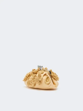 Kleine pasticcino-tas met raffia-effect en bloemen, beige