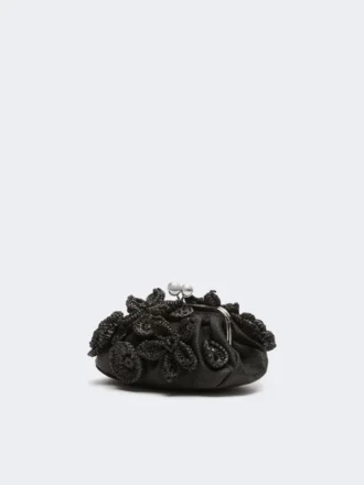 Kleine pasticcino-tas met raffia-effect en bloemen, zwart