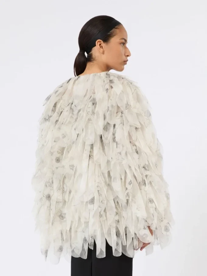 Korte overjas met bloemblaadjes van bedrukte organza, parelgrijs Korte overjas met bloemblaadjes van bedrukte organza, parelgrijs