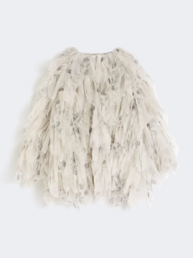 Korte overjas met bloemblaadjes van bedrukte organza, parelgrijs Korte overjas met bloemblaadjes van bedrukte organza, parelgrijs