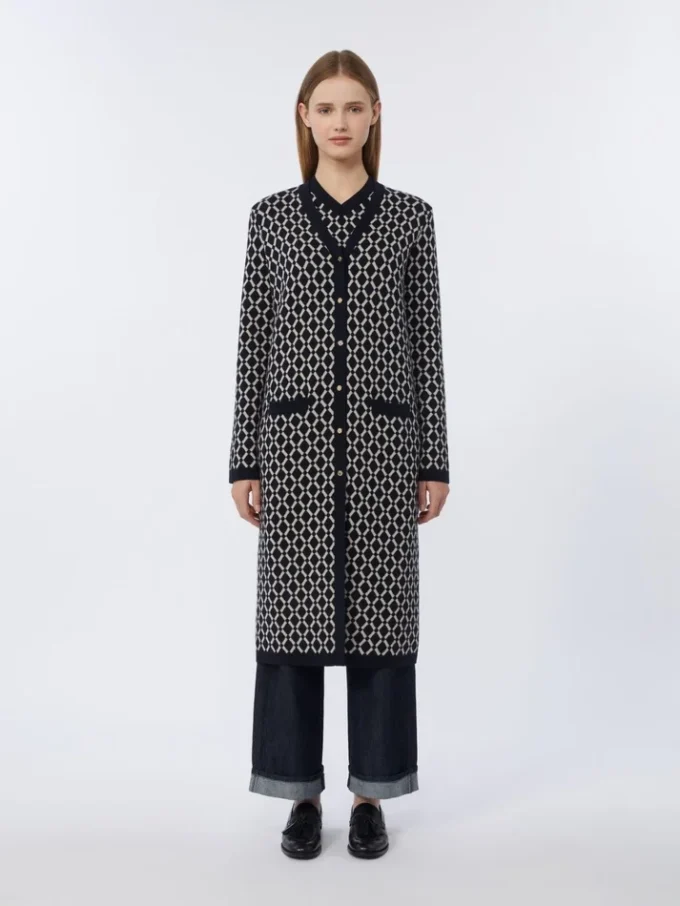 Lang jacquard wollen vest, ultramarijn Lang jacquard wollen vest, ultramarijn