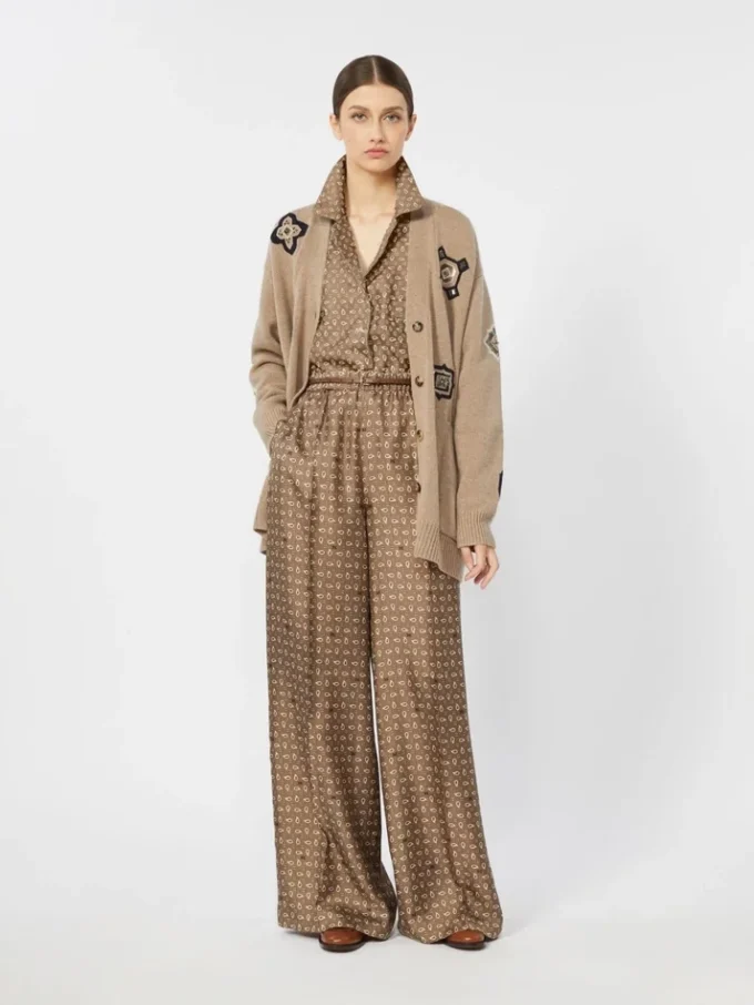 Bedrukte zijden broek, modderkleur