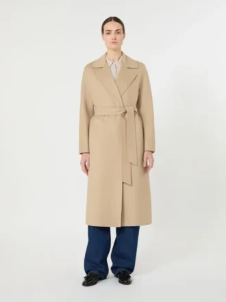 Lange jas van wol, kasjmier en zijde, zandkleur