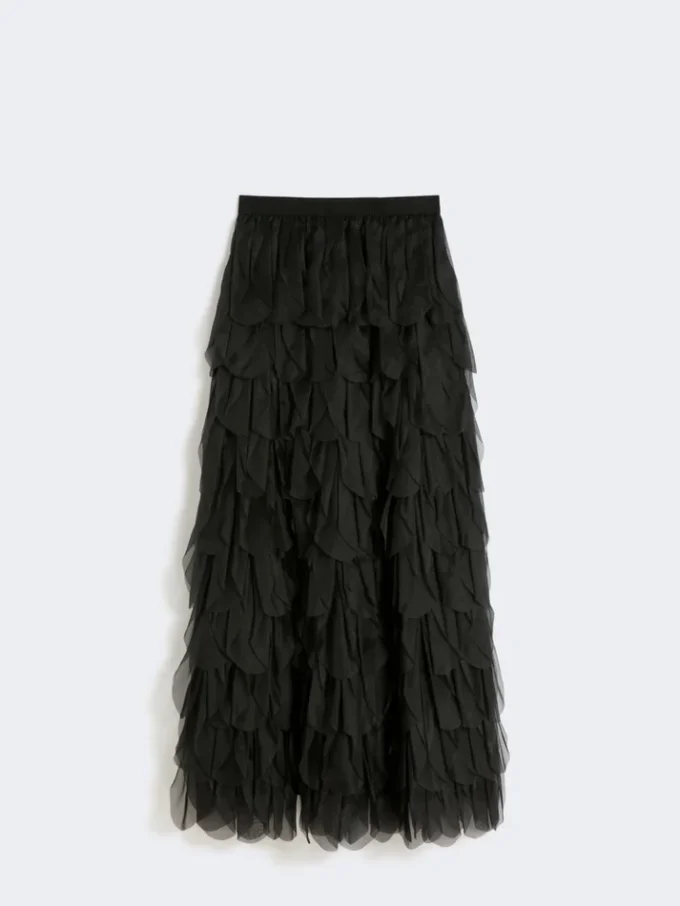 Lange rok met bloemblaadjes van zijden organza, zwart Lange rok met bloemblaadjes van zijden organza, zwart