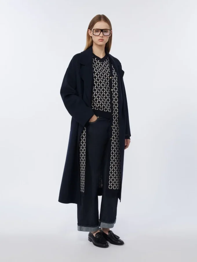 Lange wollen jas van broadcloth, middernachtblauw Lange wollen jas van broadcloth, middernachtblauw