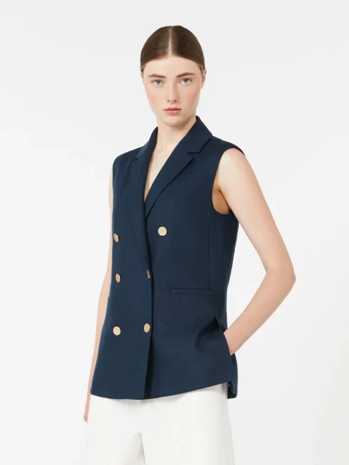 Linnen gilet met mandpatroon, middernachtblauw Linnen gilet met mandpatroon, middernachtblauw