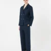 Linnen rechte broek met mandpatroon, middernachtblauw Linnen rechte broek met mandpatroon, middernachtblauw