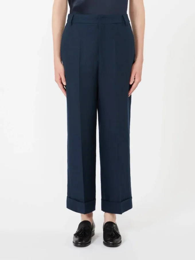 Linnen rechte broek met mandpatroon, middernachtblauw Linnen rechte broek met mandpatroon, middernachtblauw