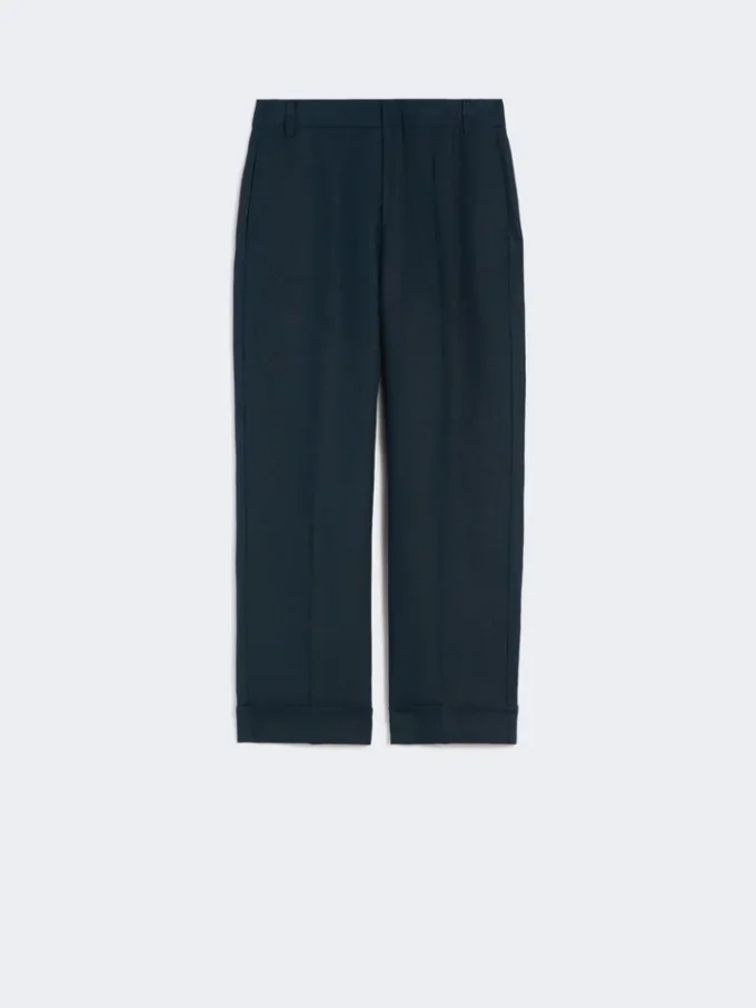 Linnen rechte broek met mandpatroon, middernachtblauw Linnen rechte broek met mandpatroon, middernachtblauw