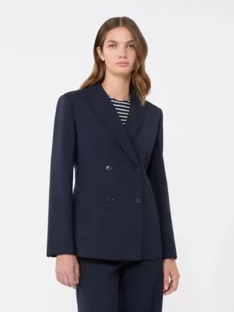 Marineblauwe stretchwolblazer met dubbele knoopsluiting
