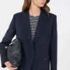 Marineblauwe stretchwolblazer met dubbele knoopsluiting