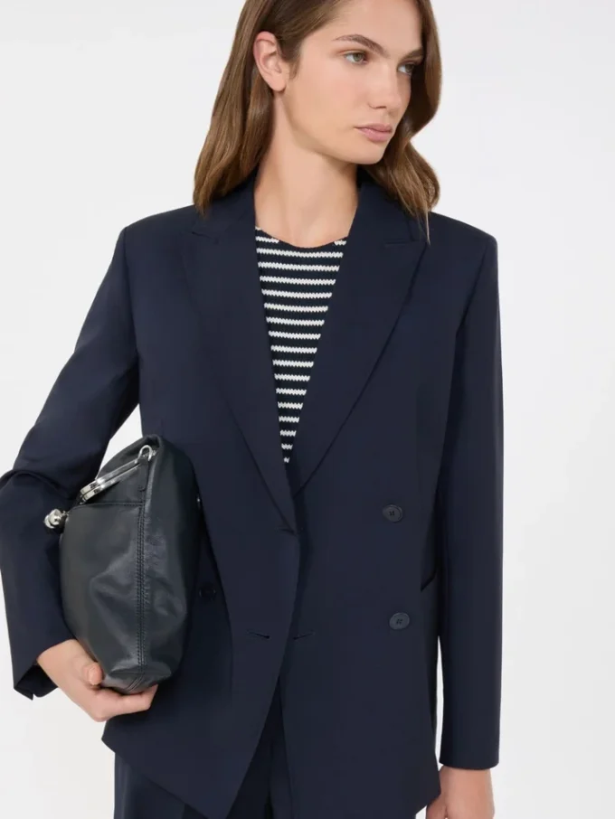 Marineblauwe stretchwolblazer met dubbele knoopsluiting