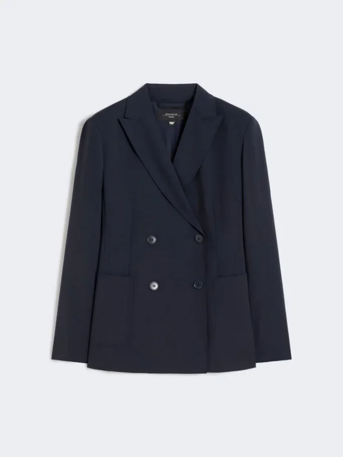 Marineblauwe stretchwolblazer met dubbele knoopsluiting