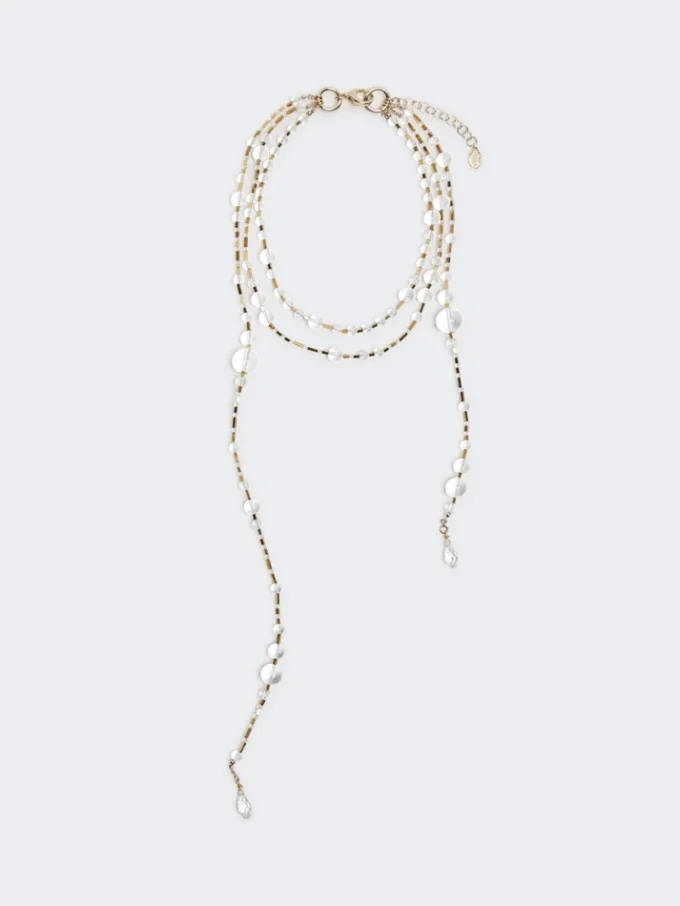 Meerstrengige ketting van metaal en glas, optisch wit Meerstrengige ketting van metaal en glas, optisch wit