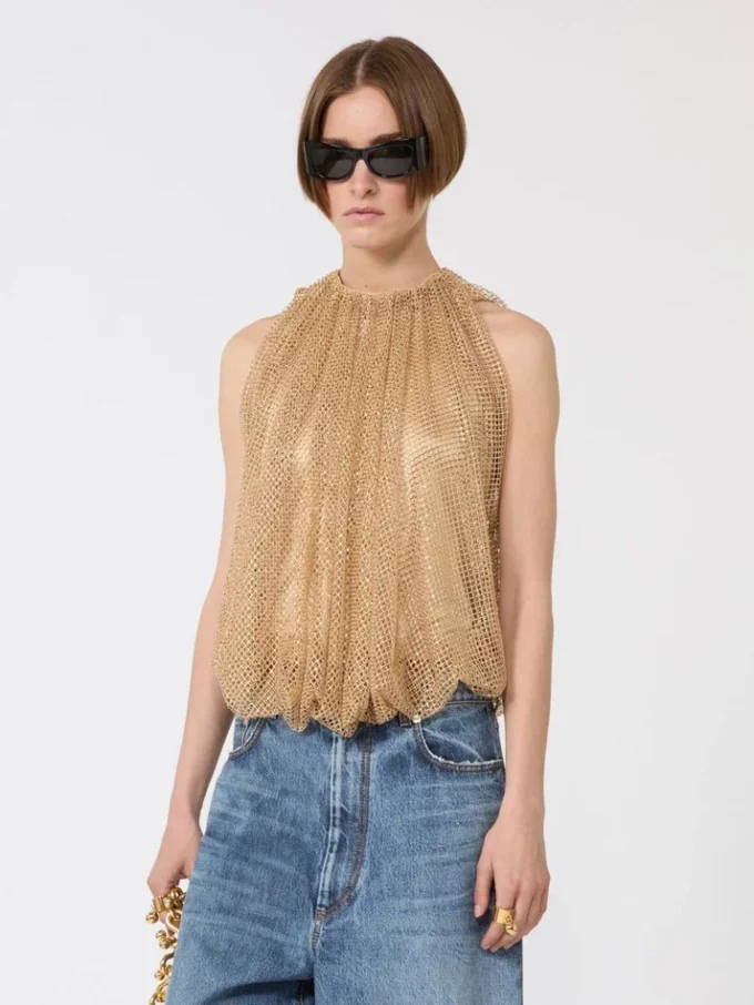 Mesh top met kristallen, camel Mesh top met kristallen, camel