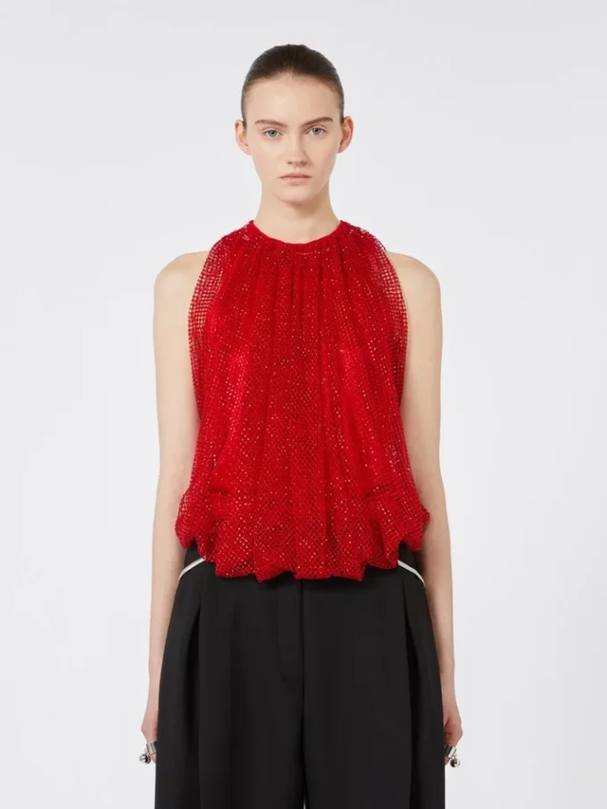 Mesh top met kristallen, rood