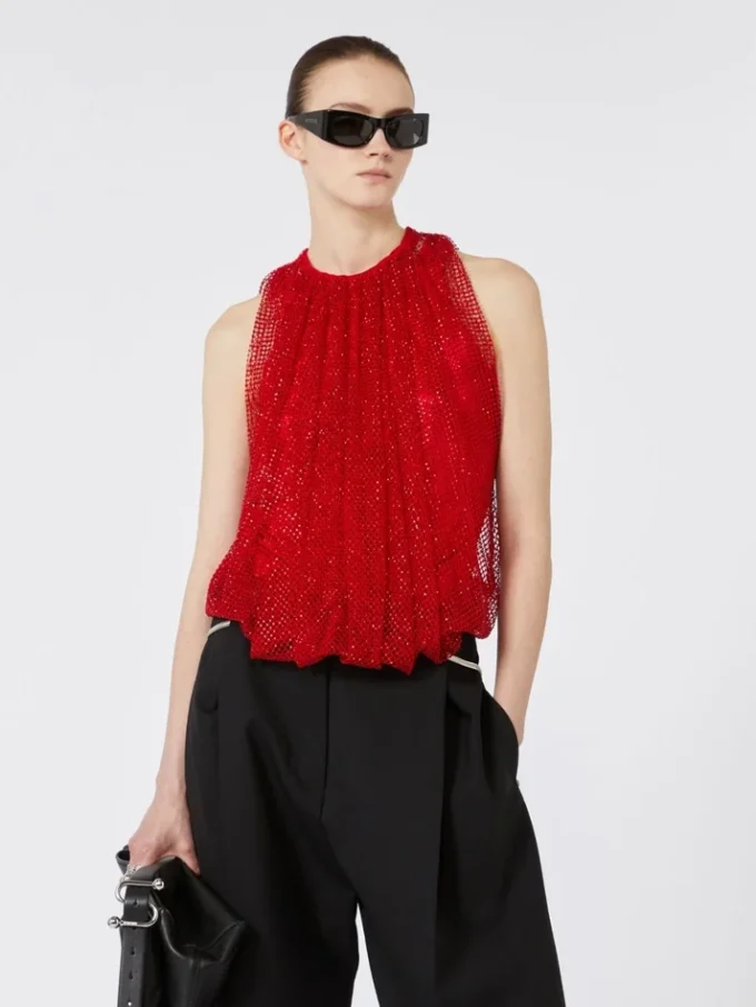 Mesh top met kristallen, rood