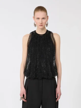 Mesh top met kristallen, zwart