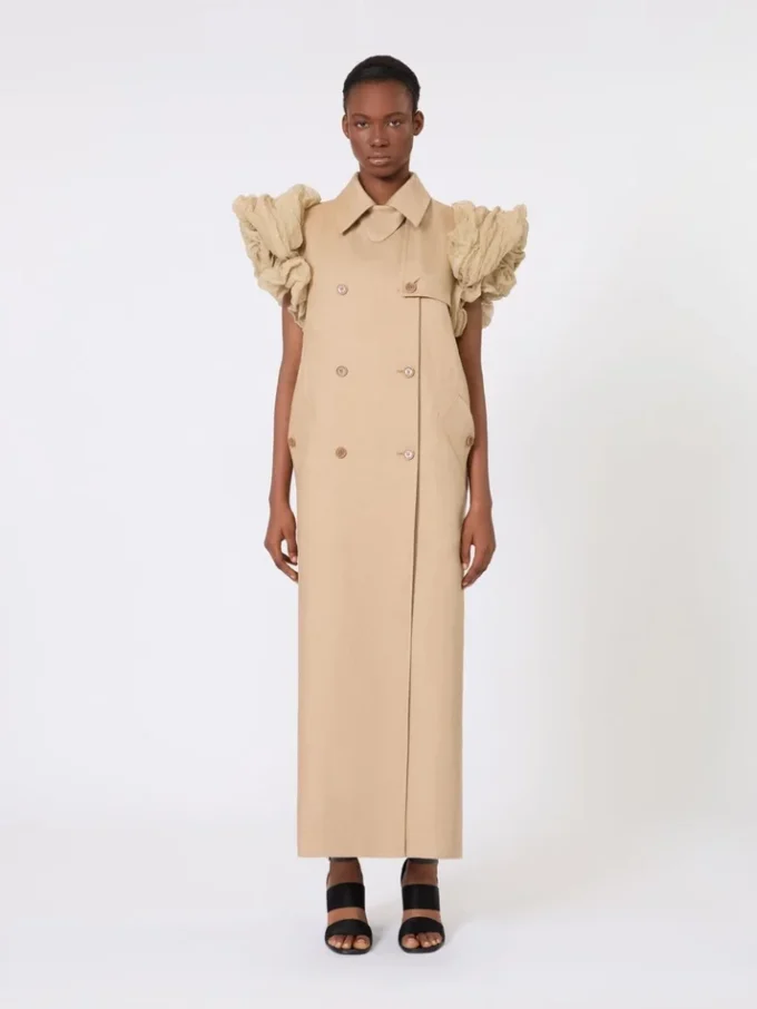 Mouwloze stofjas van linnen met mandpatroon en ruches, camel Mouwloze stofjas van linnen met mandpatroon en ruches, camel