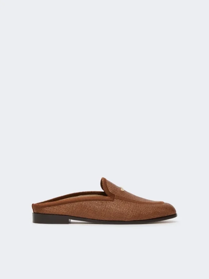 Mules van canvas met raffia-effect, amberbruin Mules van canvas met raffia-effect, amberbruin