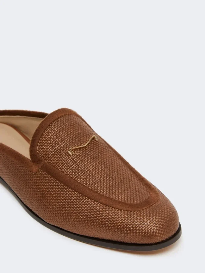Mules van canvas met raffia-effect, amberbruin Mules van canvas met raffia-effect, amberbruin