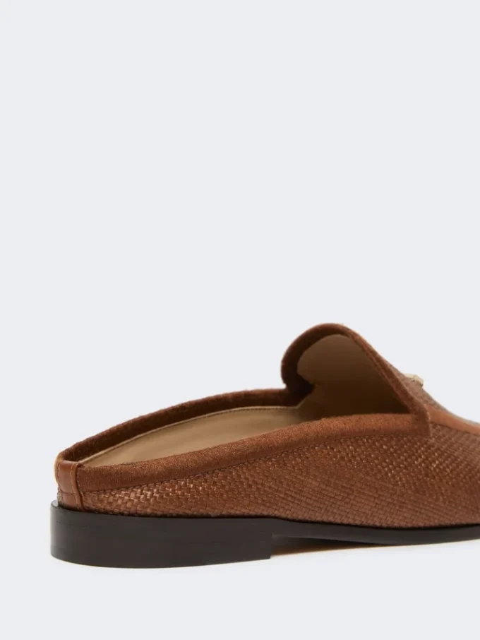 Mules van canvas met raffia-effect, amberbruin Mules van canvas met raffia-effect, amberbruin