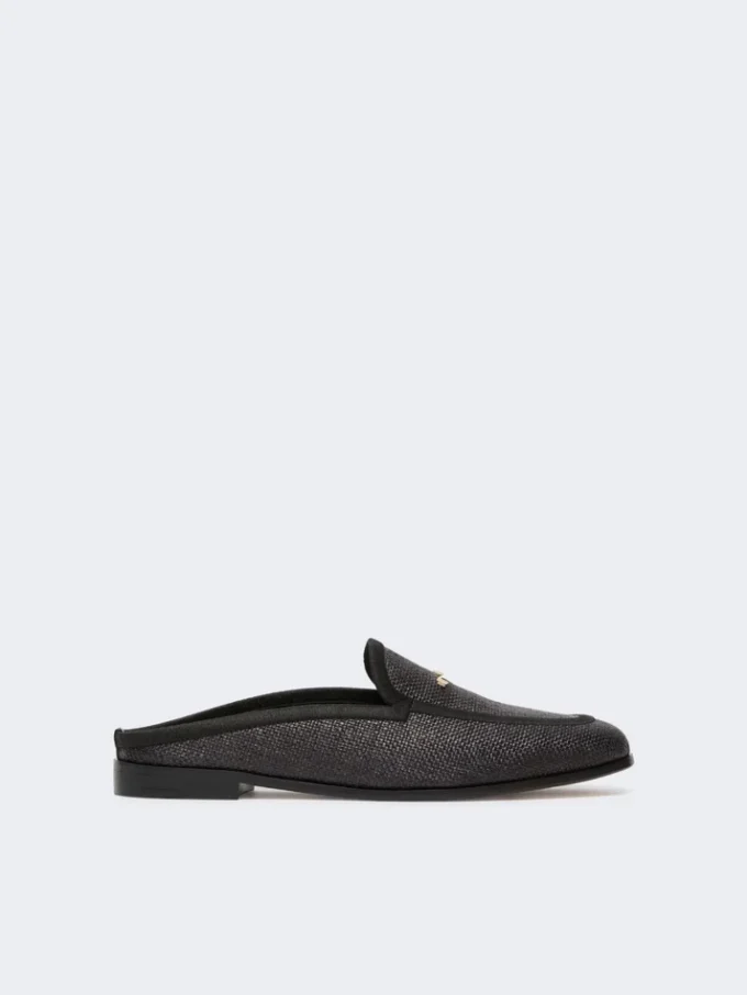 Mules van canvas met raffia-effect, zwart Mules van canvas met raffia-effect, zwart