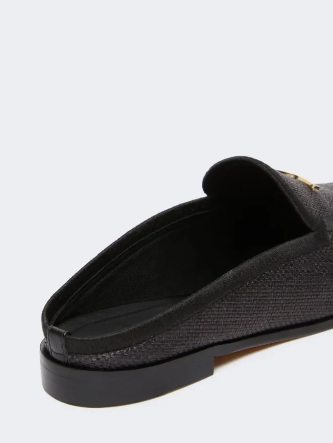 Mules van canvas met raffia-effect, zwart Mules van canvas met raffia-effect, zwart