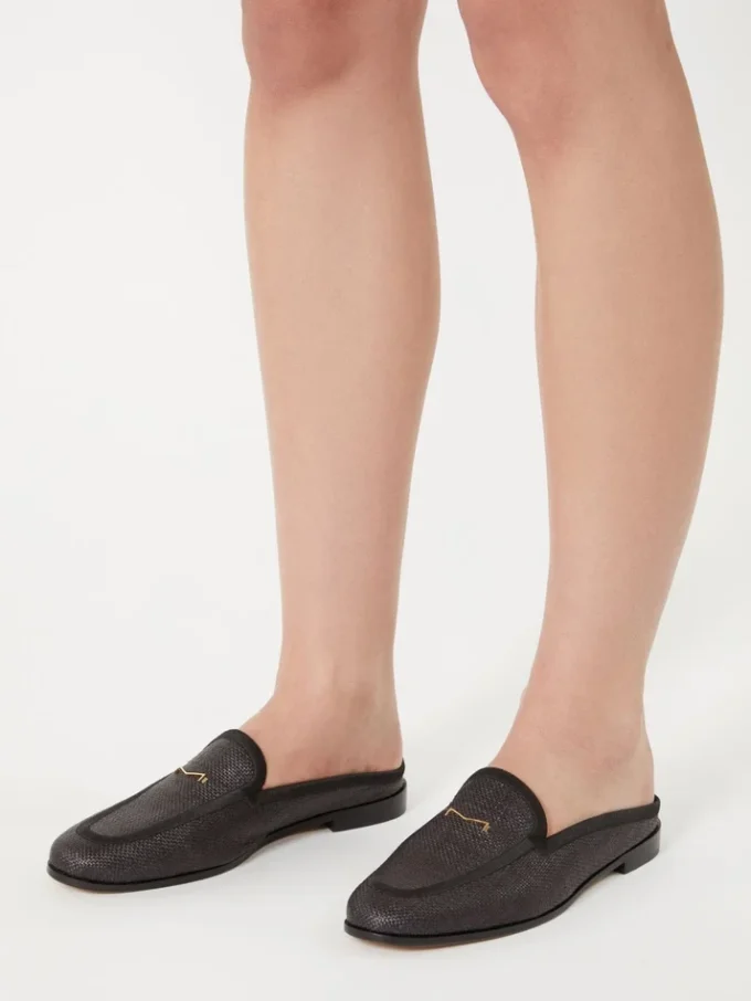Mules van canvas met raffia-effect, zwart Mules van canvas met raffia-effect, zwart