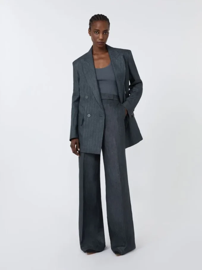 Broek van linnen twill met visgraatmotief, middengrijs Broek van linnen twill met visgraatmotief, middengrijs