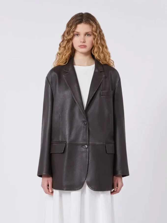 Oversized leren blazer, bruin