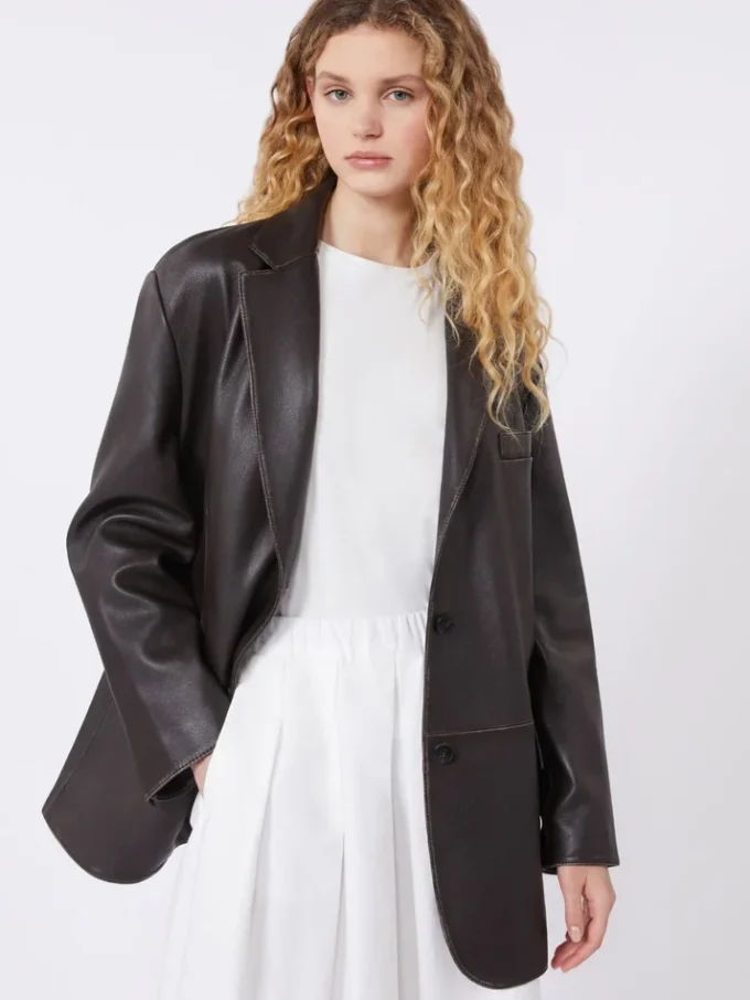 Oversized leren blazer, bruin