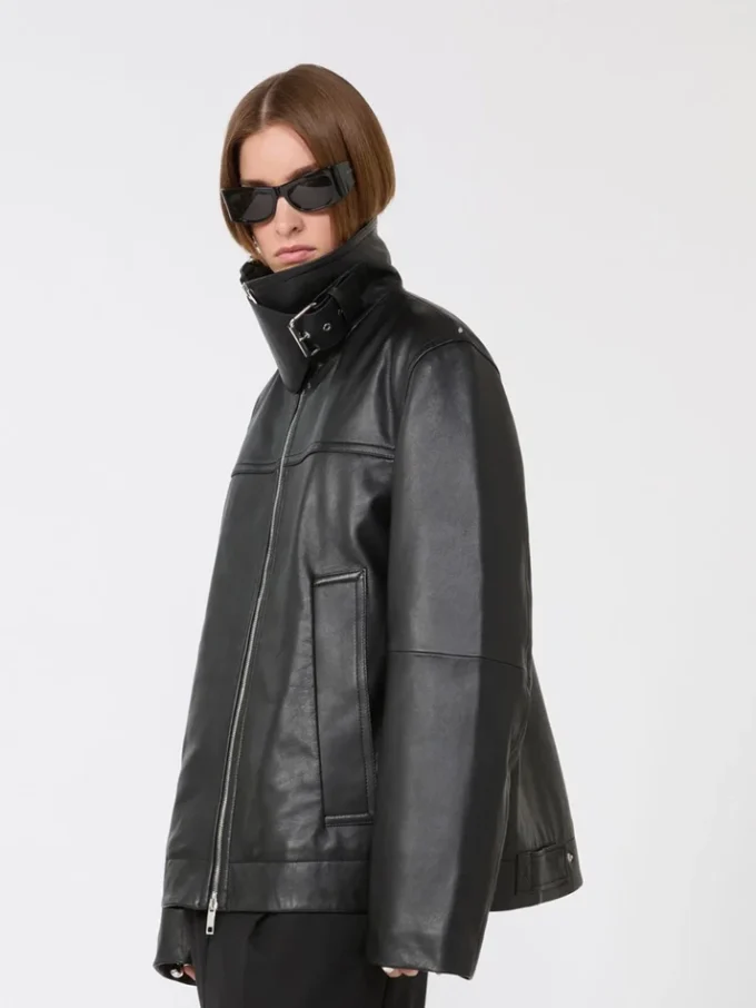 Oversized zwaar leren jack, zwart