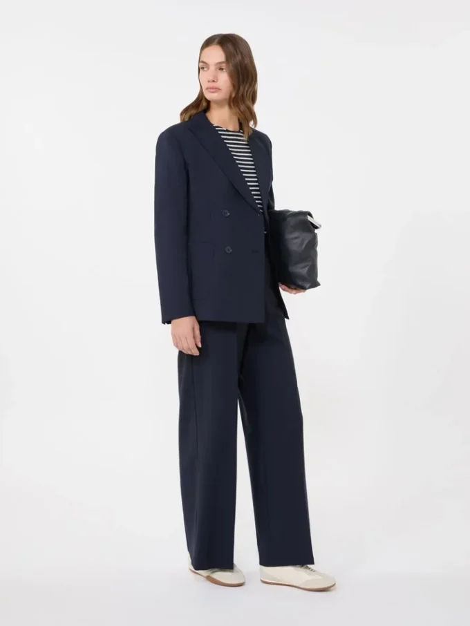 Marineblauwe stretchwolblazer met dubbele knoopsluiting