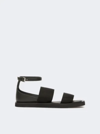 Platte sandalen van leer en elastische banden, zwart Platte sandalen van leer en elastische banden, zwart