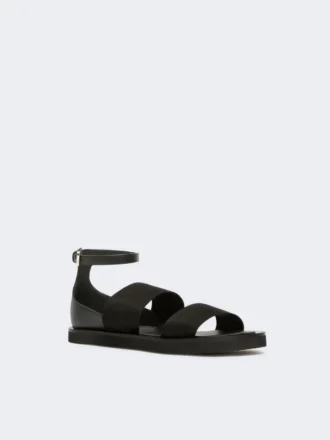 Platte sandalen van leer en elastische banden, zwart Platte sandalen van leer en elastische banden, zwart