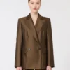 Shantung blazer met dubbele rij knopen, kaki Shantung blazer met dubbele rij knopen, kaki