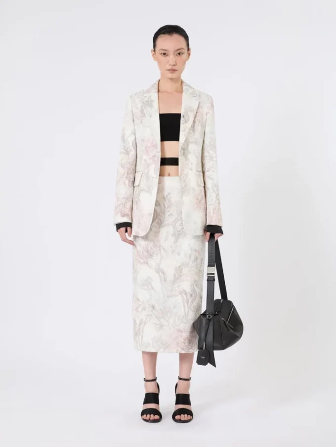 Geprinte organza en gabardine kokerrok, wit Geprinte organza en gabardine kokerrok, wit